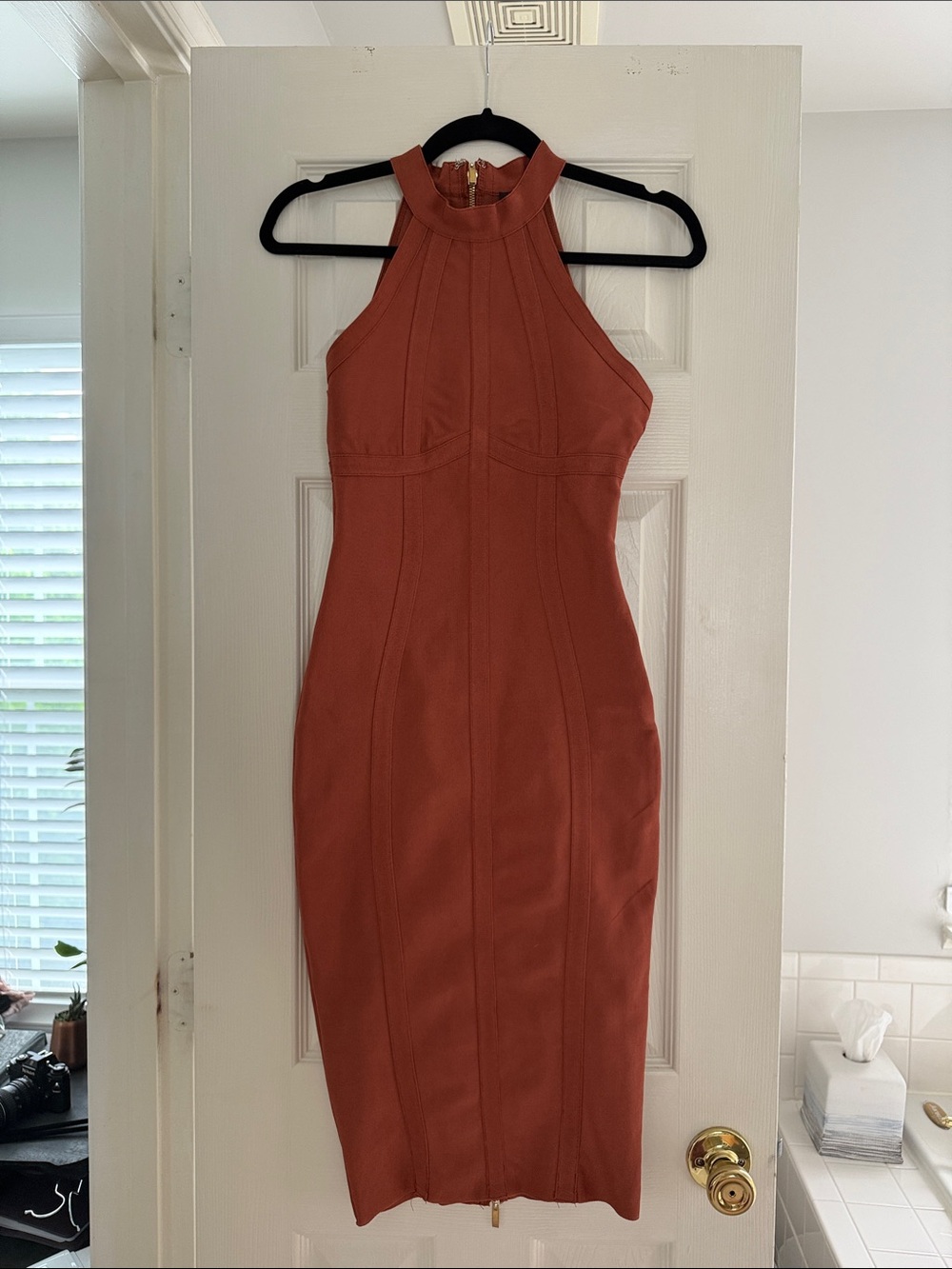 Sleeveless High-Neck Bodycon Dress in Rust